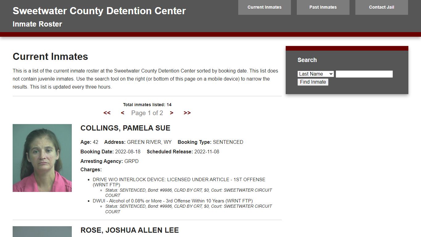 Jail Roster - Sweetwater Combined Communications Joint Powers Board